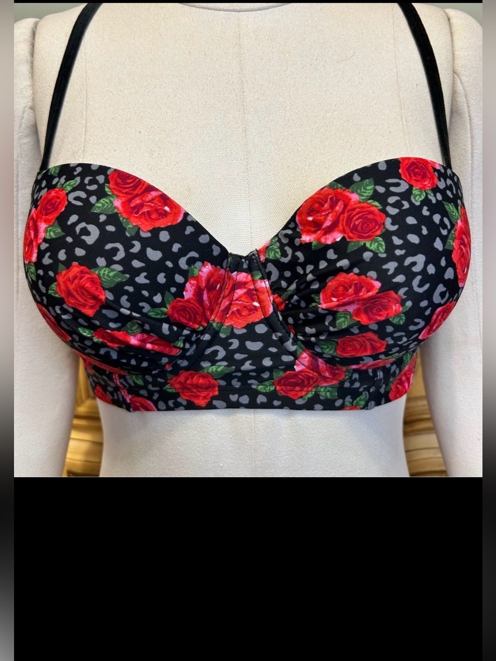 Betsey Johnson Black Red Roses Floral Leopard Velvet Push up Lace up Back Bra